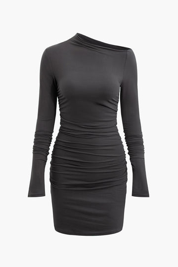 Asymmetrical Ruched Long Sleeve Mini Dress