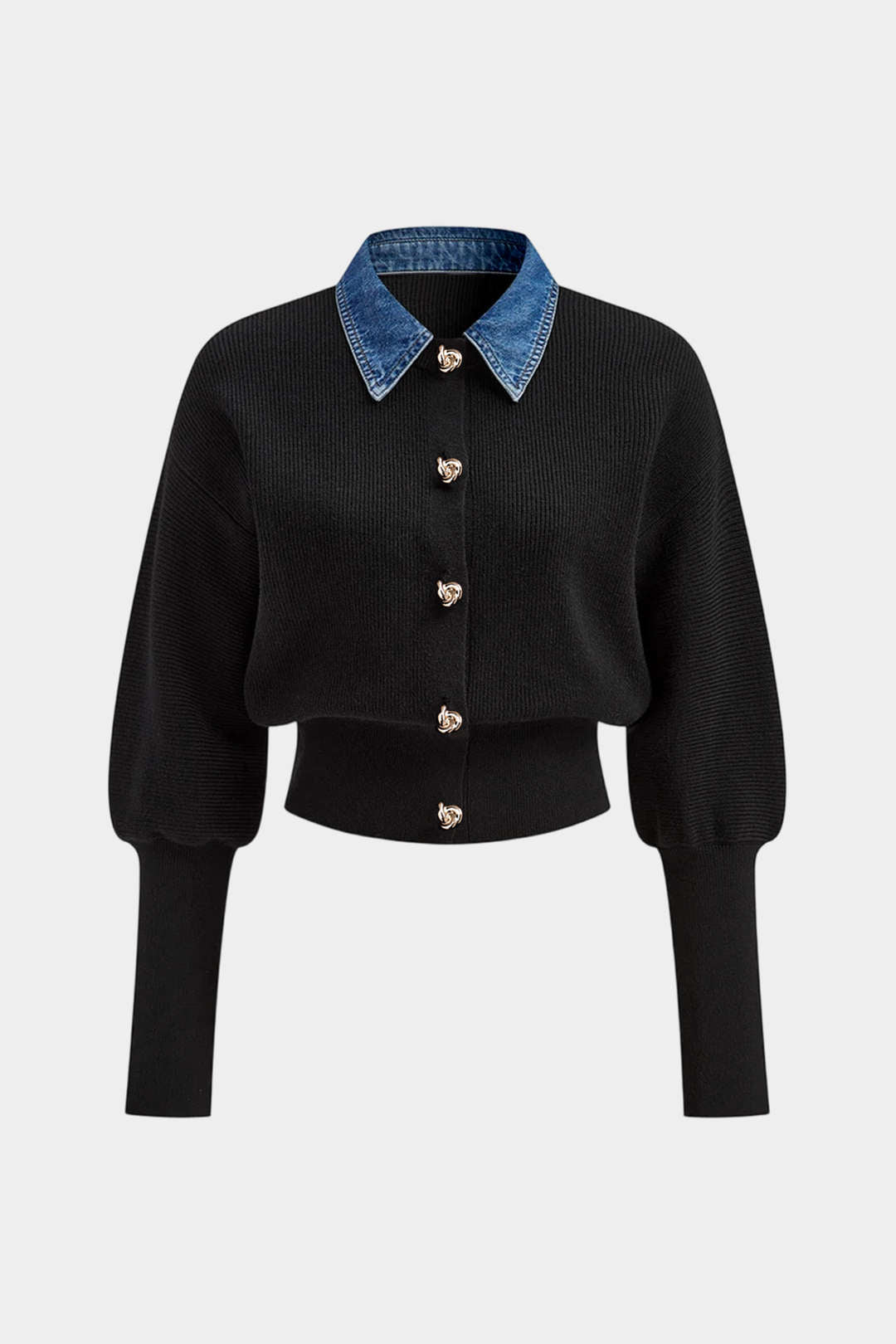 Knit Denim Patchwork Button Gigot Long-Sleeve Top