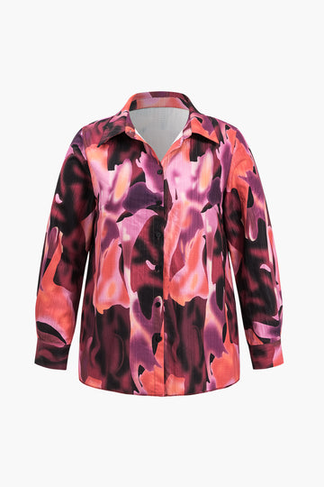 Camisa plus size com estampa abstrata franzida de manga comprida