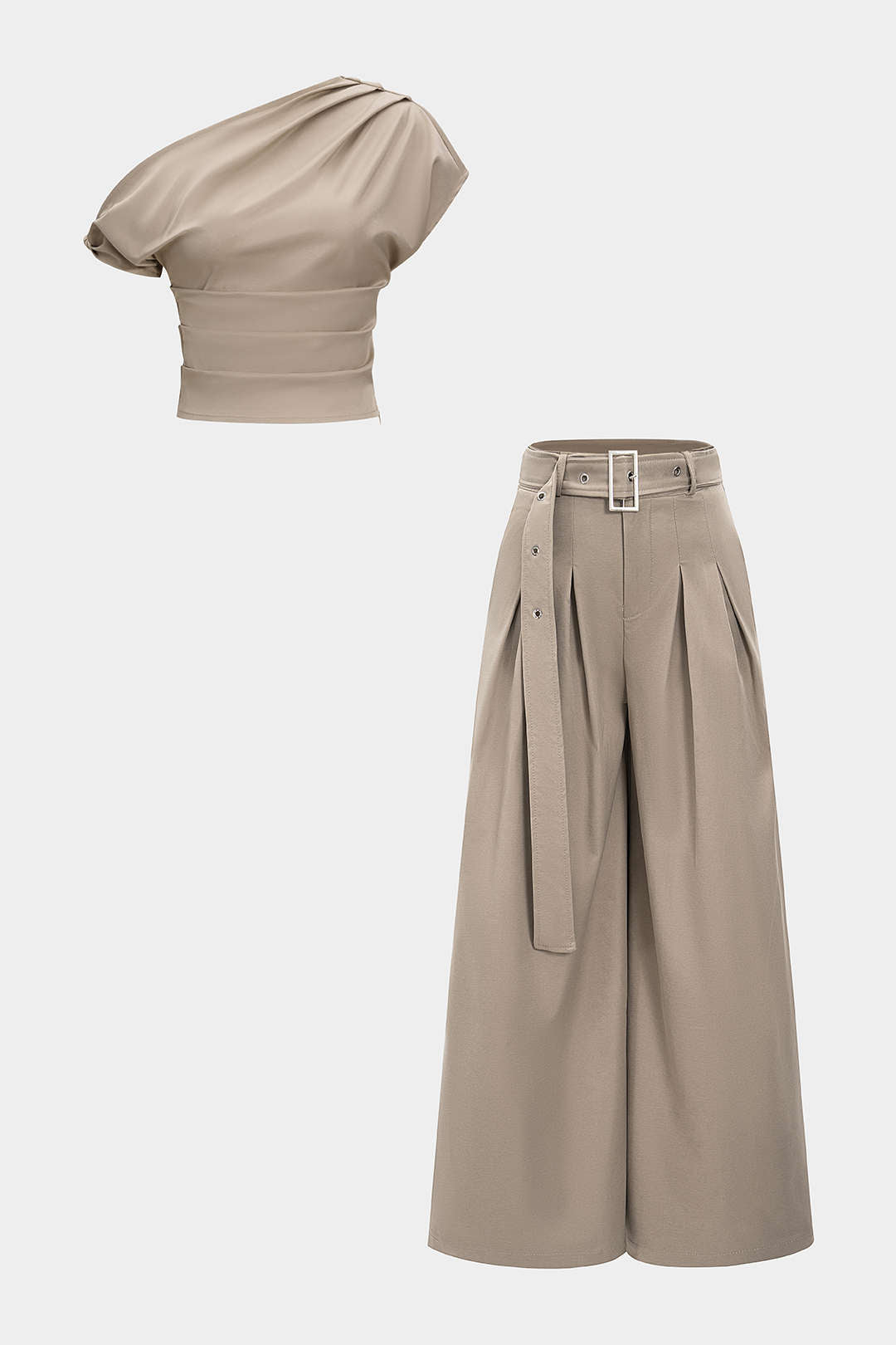 Ruched Asymmetrical Top And Belted Wide Leg Trousers Set
