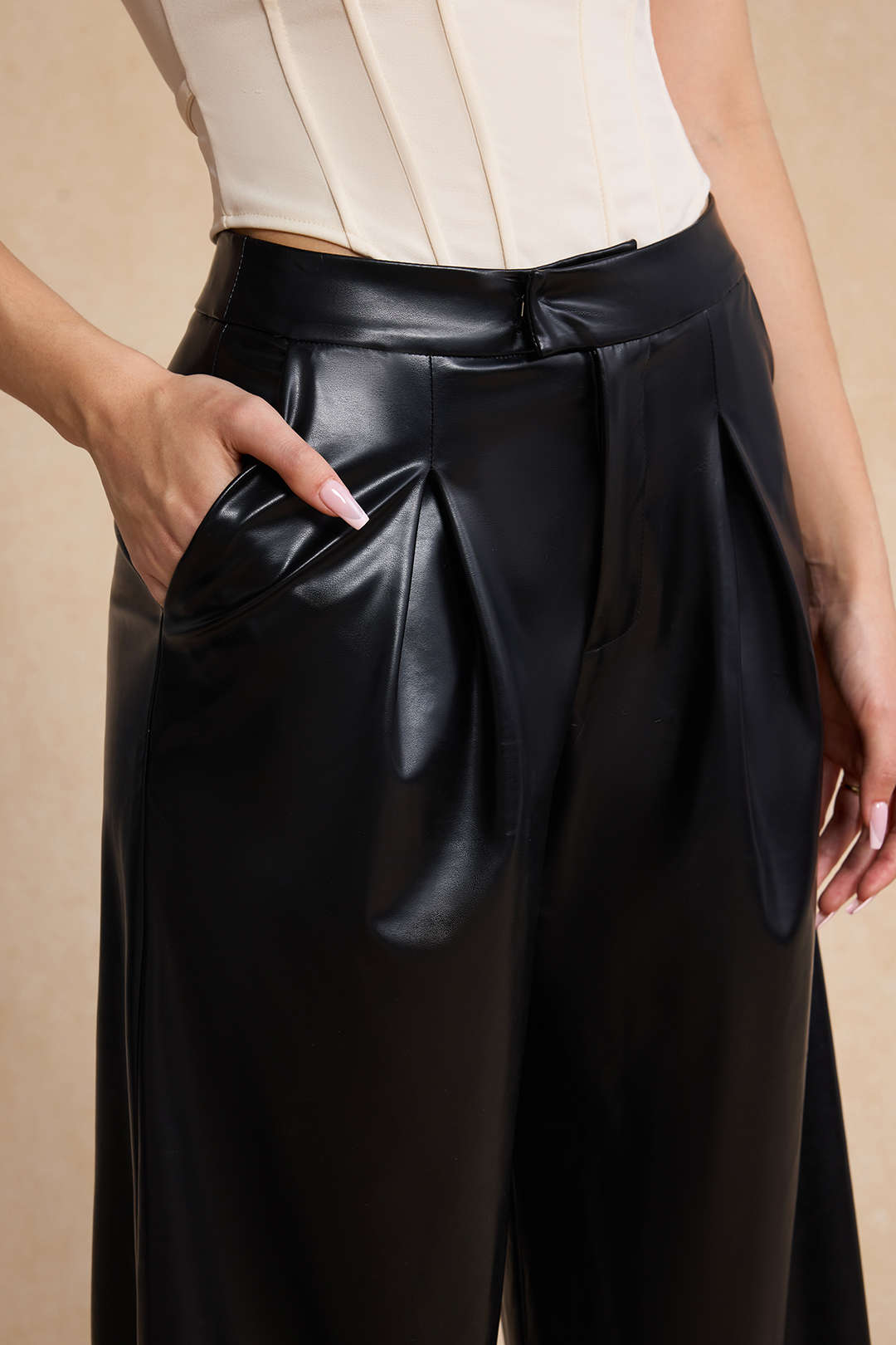 Faux Leather Linen High Waist Patchwork Trousers