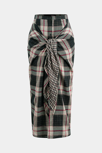 Plaid Print Tie Front High Waist Skirt