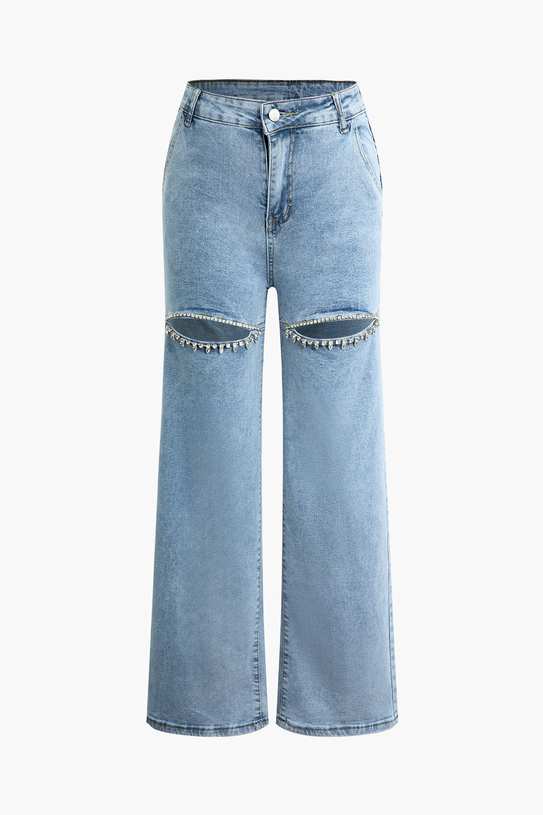 Rhinestone Embellished Cut Out Straight Leg Jeans