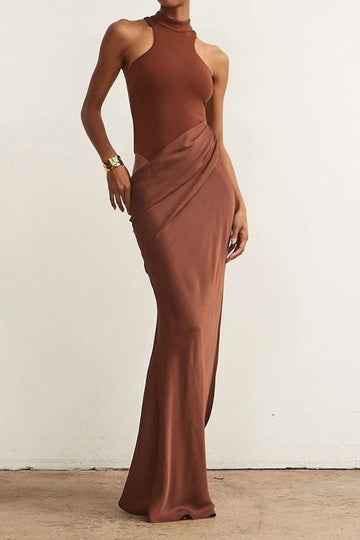 Satin Patchwork bla kmiem Maxi Dress