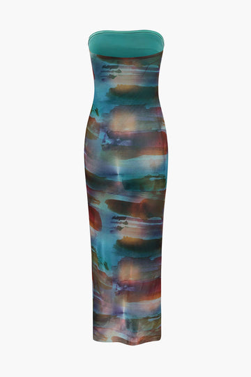 Abstract Print Mesh Strapless Maxi Dress