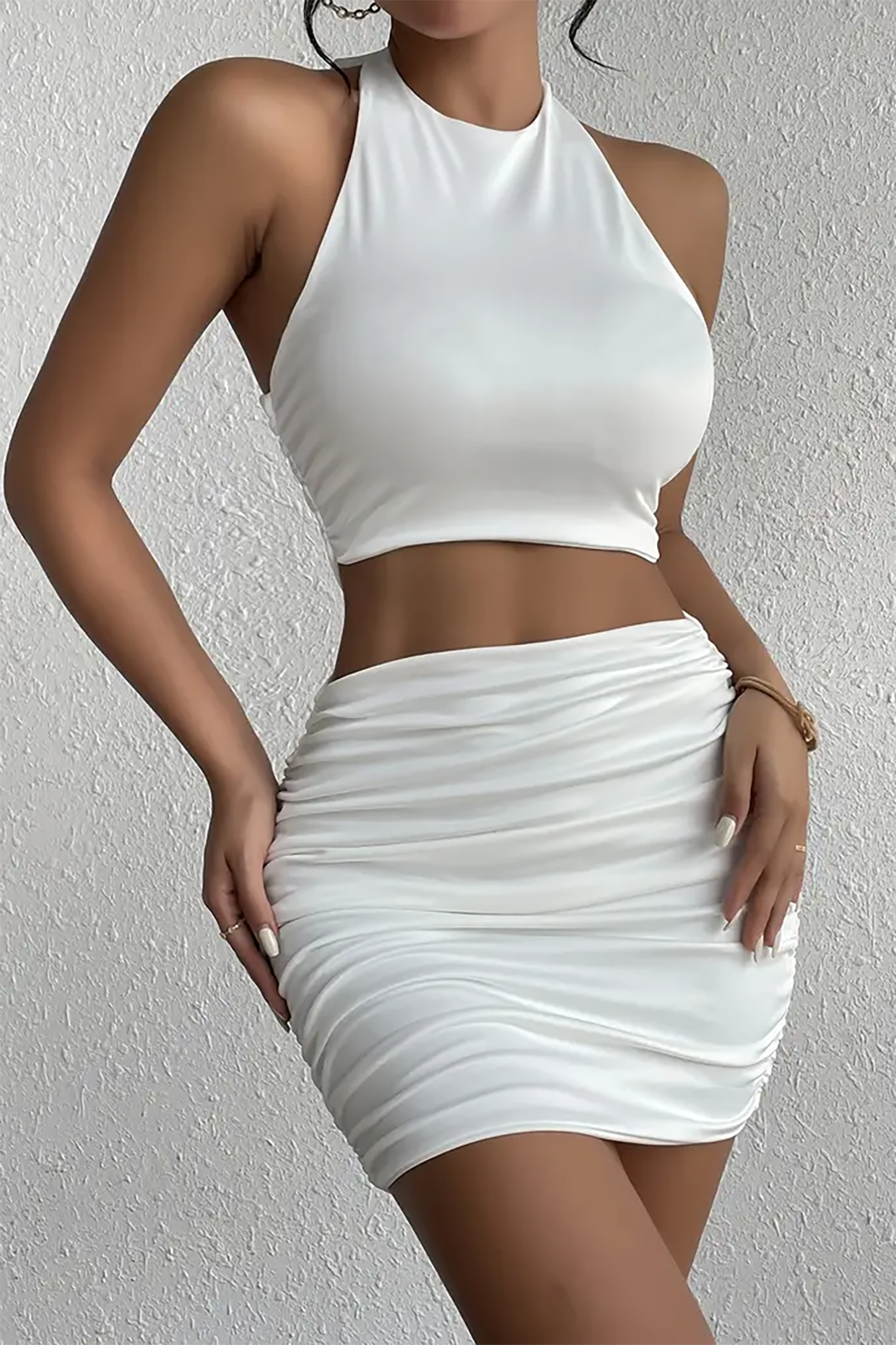 Halter Crop Top And Ruched Mini Skirt Set