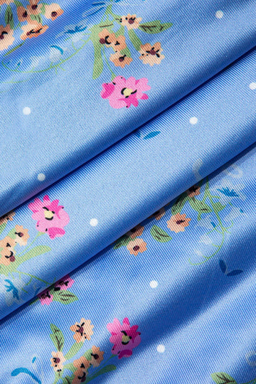 Floral Print Lace Neckline Ruched Slip Mini Dress