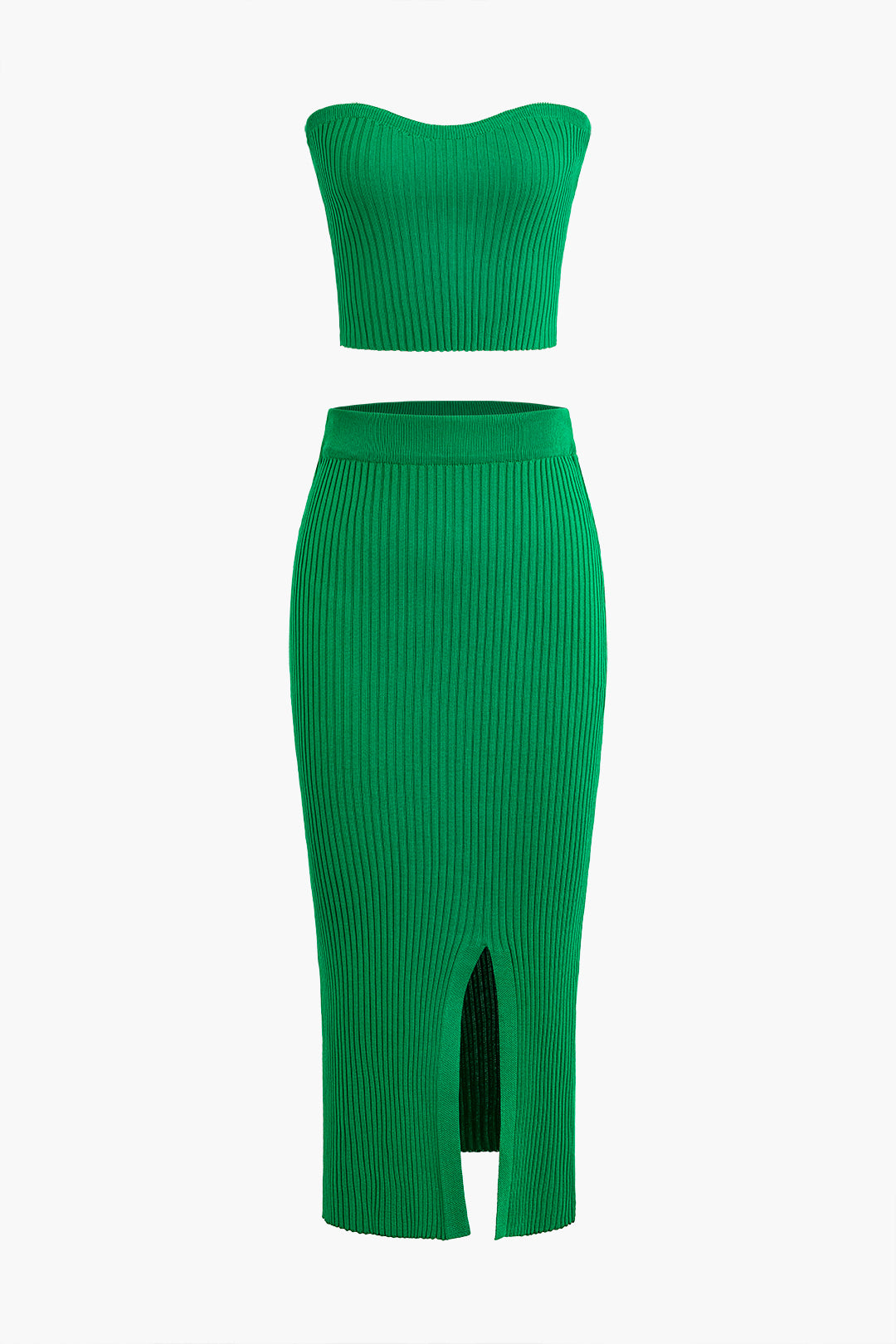 Ribbed Strapless Knit Crop Top And Split Midi Skirt Set