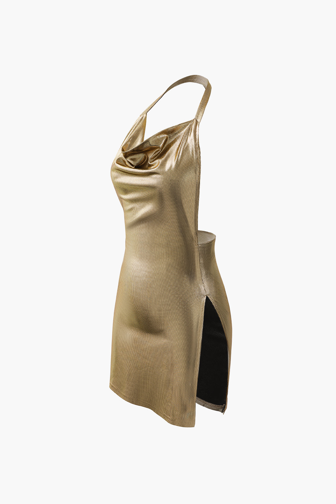 Metallic Halter Cowl Neck Backless Mini Dress