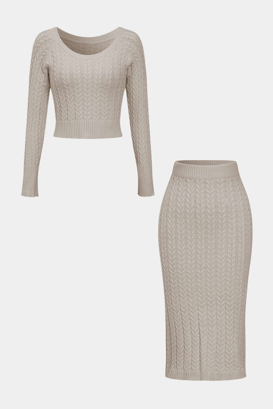 Solid Knit Long Sleeve Top And Slit Skirt Set