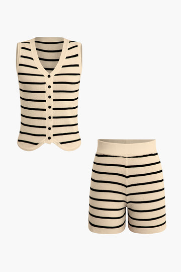 Striped Knit Sleeveless Vest And Shorts Set