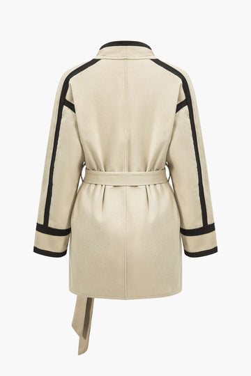 Kontrastne Trim Belted Wrap Coat