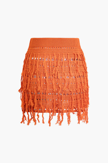 Crochet Fringe Halter Backless Knit Mini Skirt Set