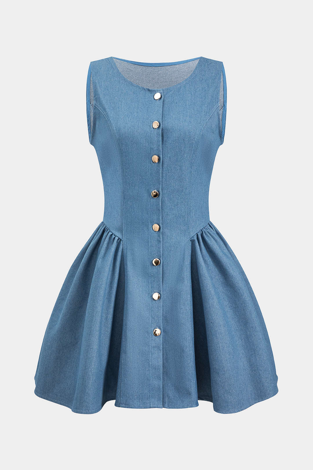 Denim Button Ruched Sleeveless Denim Dress