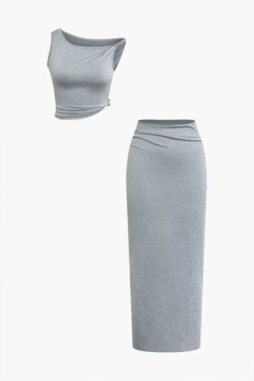 Solid Asymmetrical Twist Knot Top And Midi Skirt Set