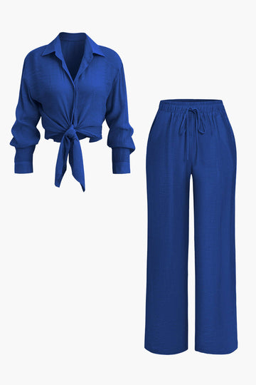 Tie Front Shirt And Wide Leg Pants Set