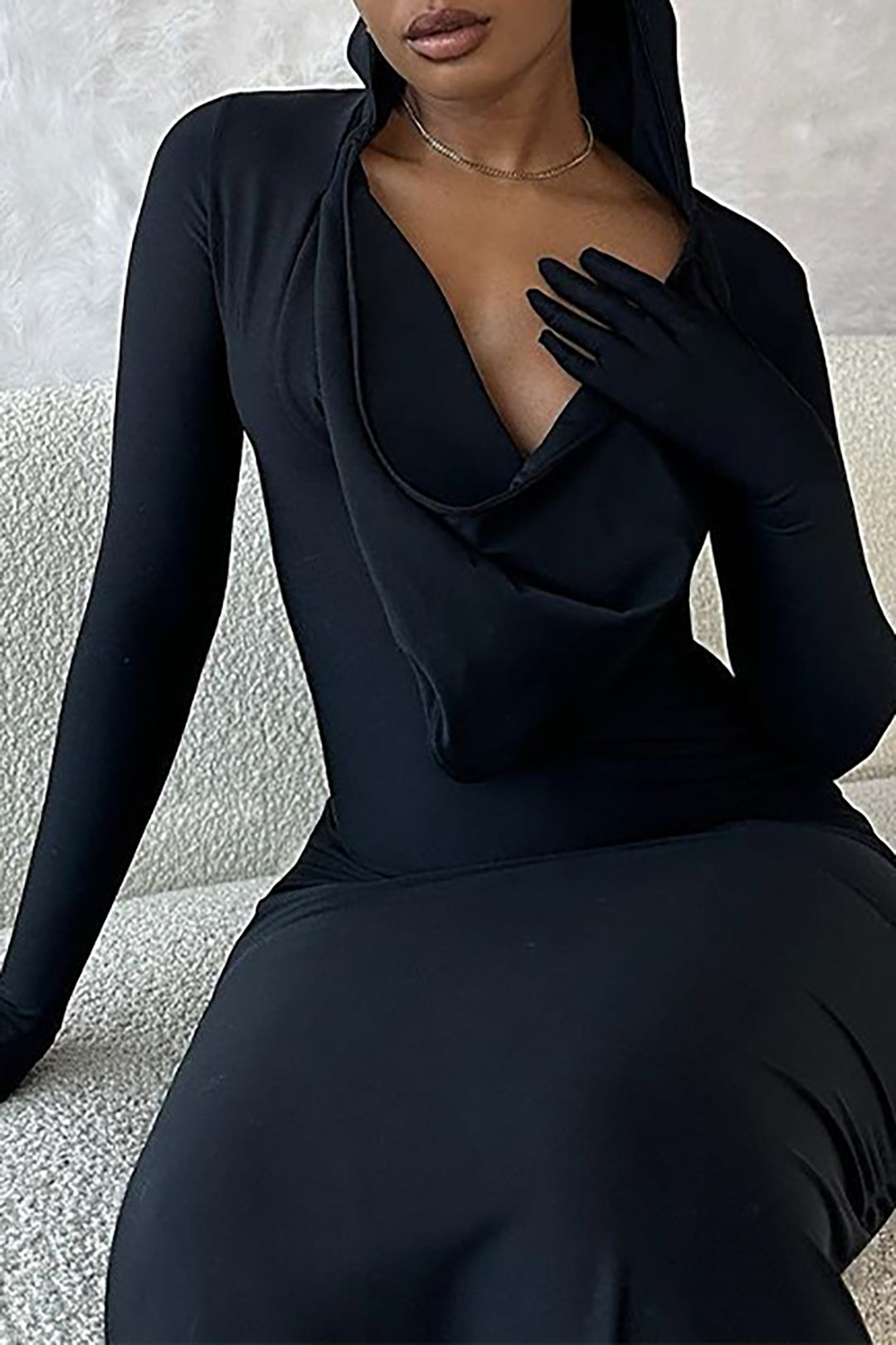 Cowl Neck Long Sleeve Slit Maxi Dress With Glove