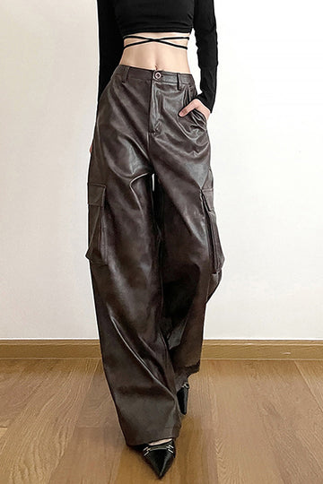 Faux Leather Flap Pocket Straight Leg Cargo Pants
