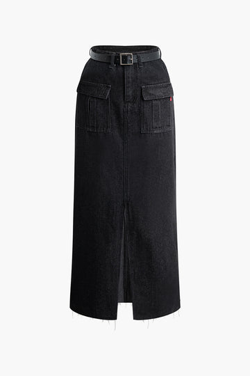 Frayed Hem High Waist Flap Pocket Split Denim Maxi Skirt With Belt