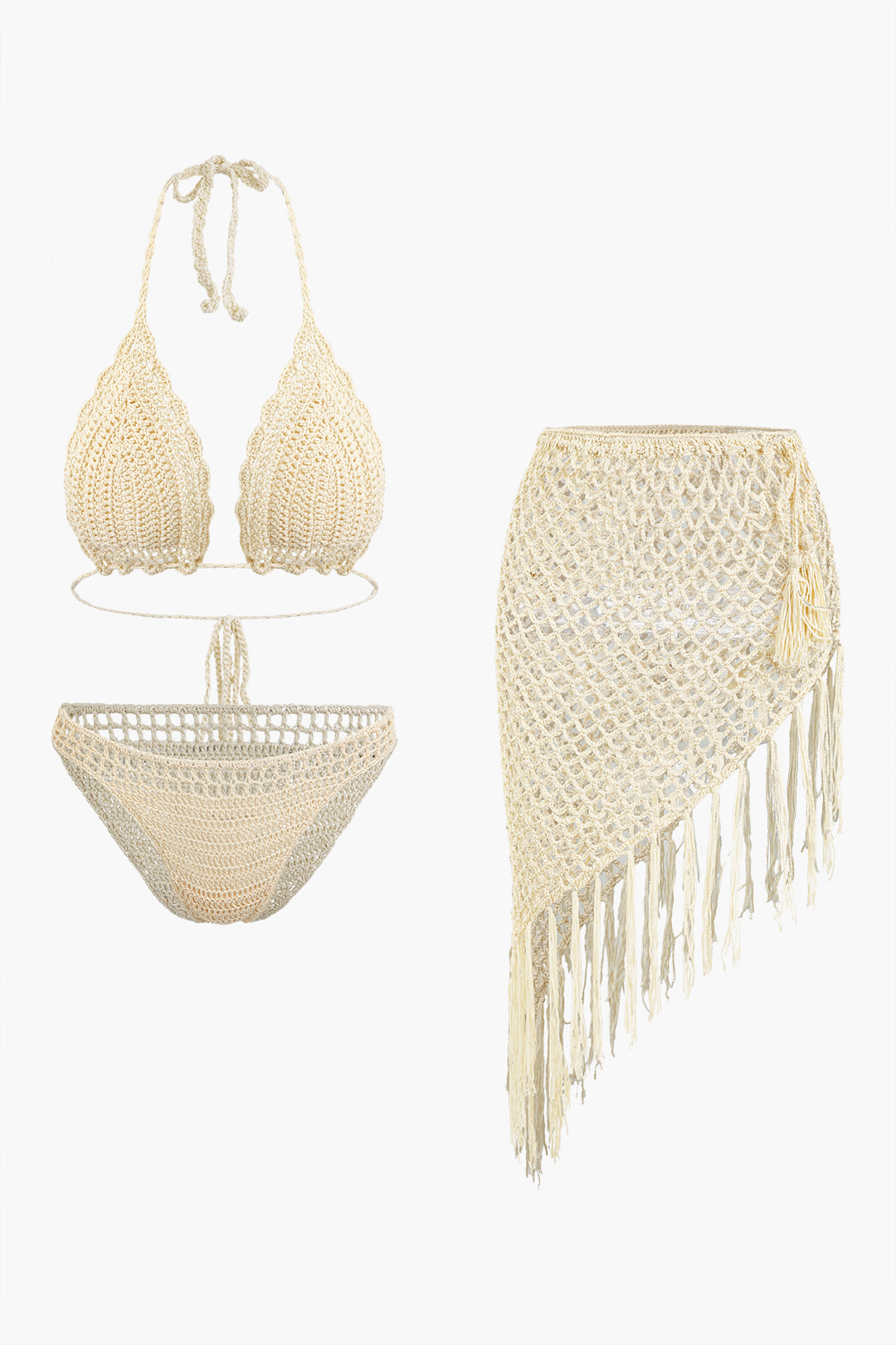 Crochet Halter Neck Bikini Set And Asymmetric Tassel Cover Up Set