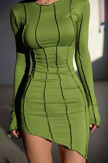 Asymmetrical Round Neck Seam Detail Long Sleeve Mini Dress