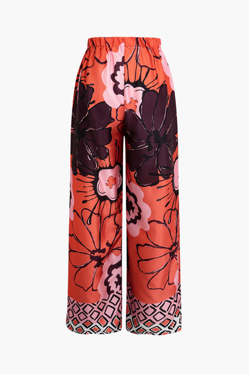 Floral Print Belt Top And Wide Leg Pants Set