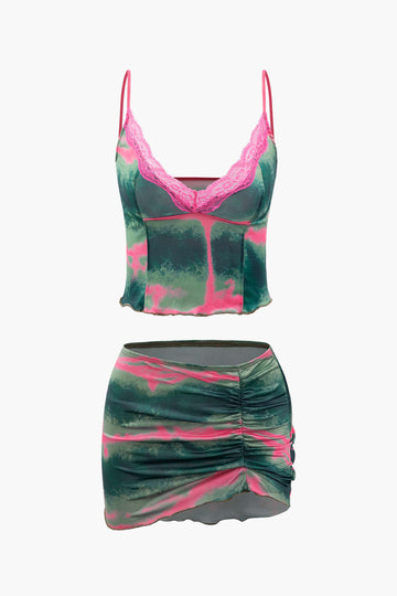 Tie Dye Lace Trim Cami Top And Mini Skirt Set