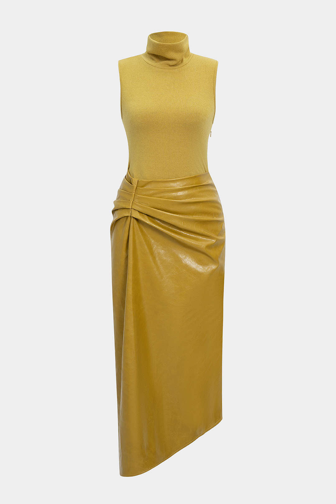 Faux Leather Patchwork High Neck Pleated Sleeveless Maxi Dress