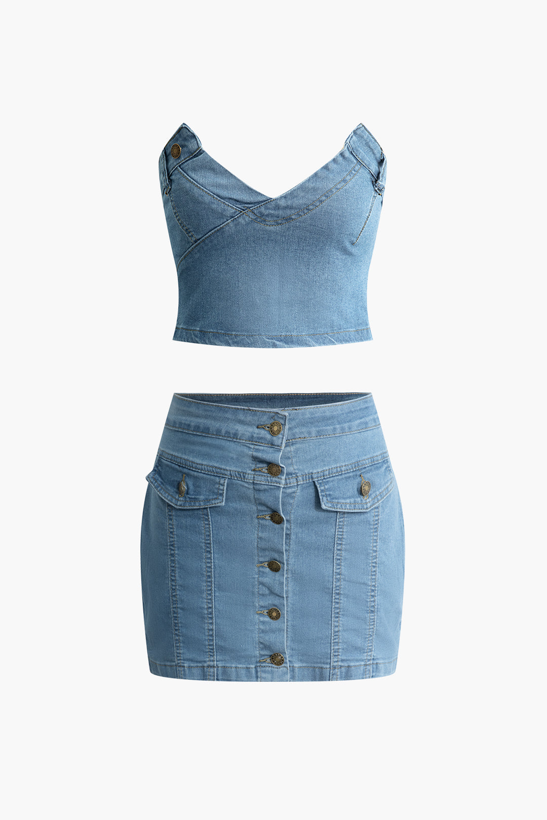 Denim V-neck Strapless Top And Button Up Mini Skirt Set