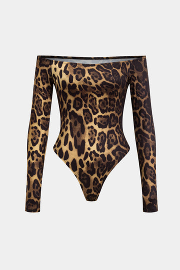 Leopardtryck av axel långärmad bodysuit