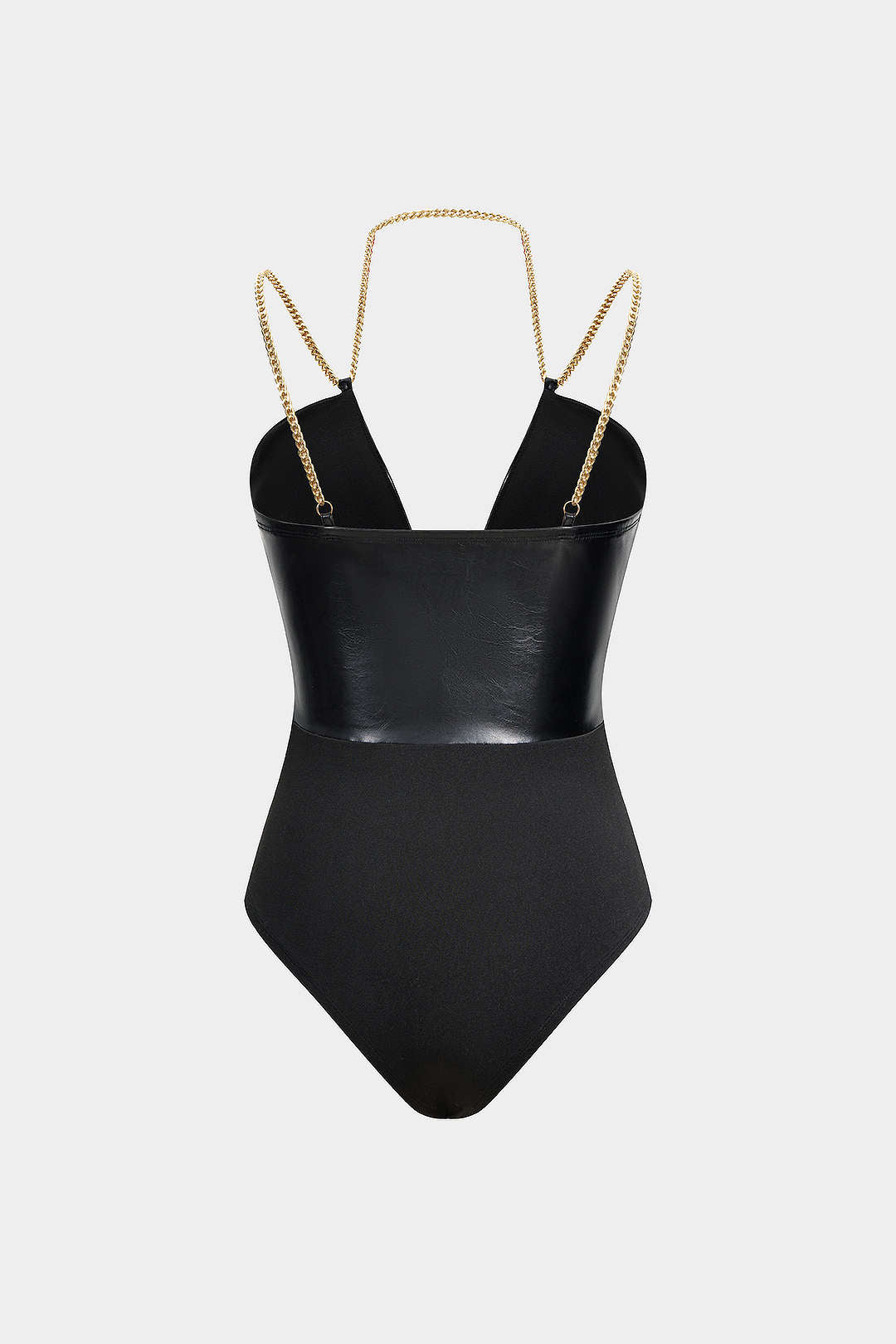 Faux Leather Chain Patchwork Sleeveless V-Neck Bodysuit