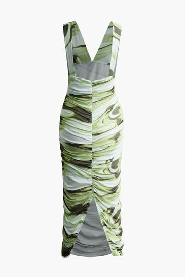 Abstract Print V-neck Ruched Tank Maxi Dress