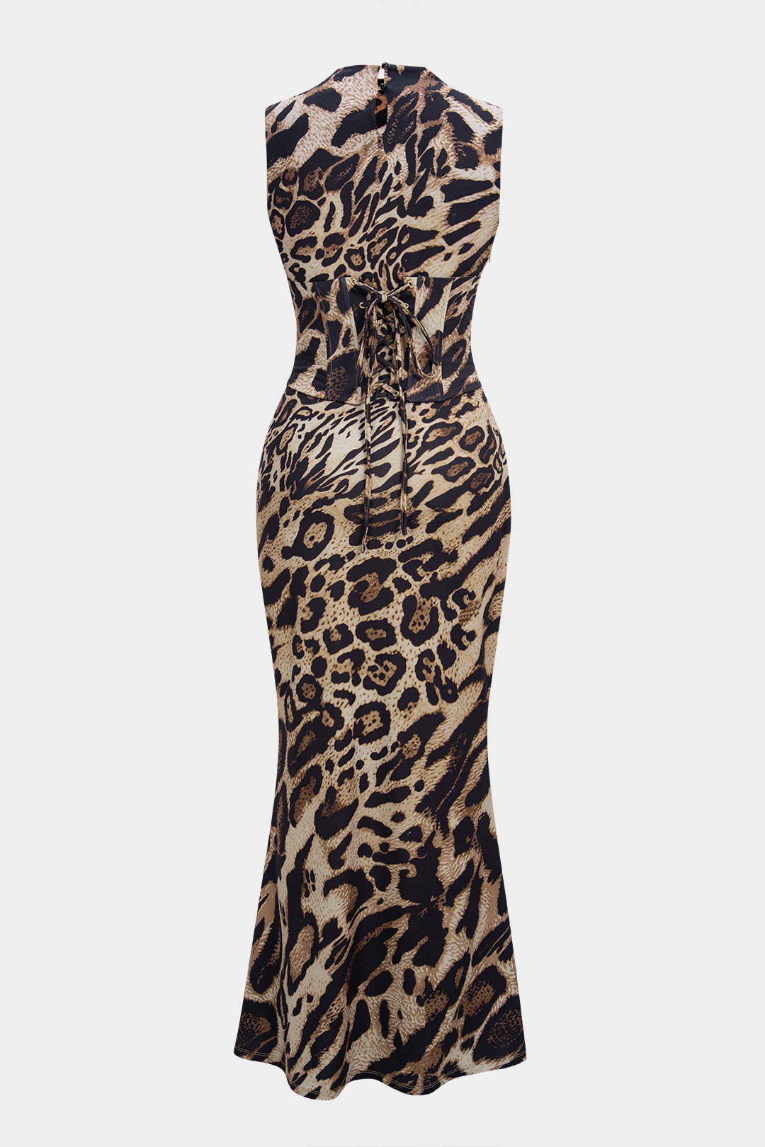 Leopard Print Mock Neck Tie Back Corset Sleeveless Maxi Dress