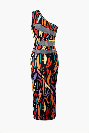 Abstract Print One Shoulder Cut Out Midi Dress