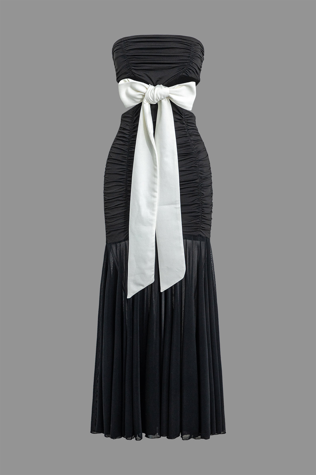 Contrast Bowtie Cut Out Strapless Ruched Maxi Dress