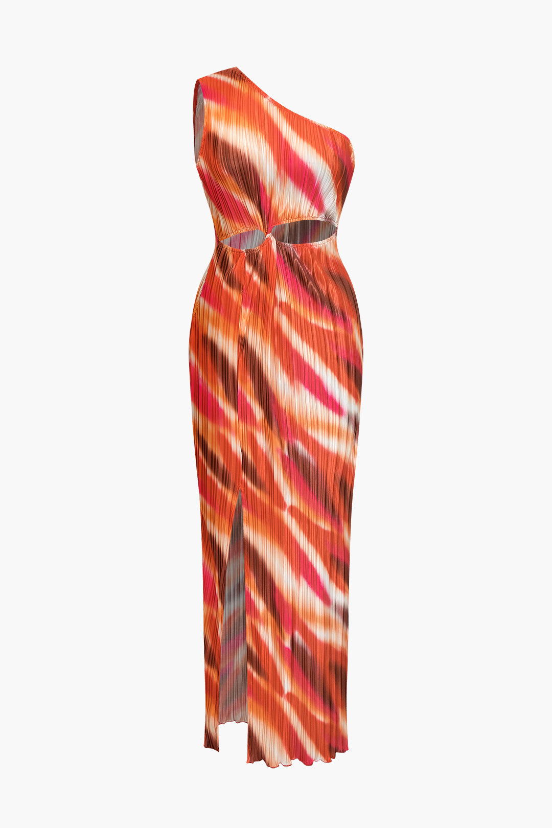 Abstract Print One Shoulder Cut Out Slit Pleated Midi Dress