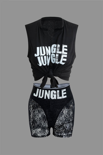 Jungle Print Knot Sleeveless Top And Lace Shorts Set