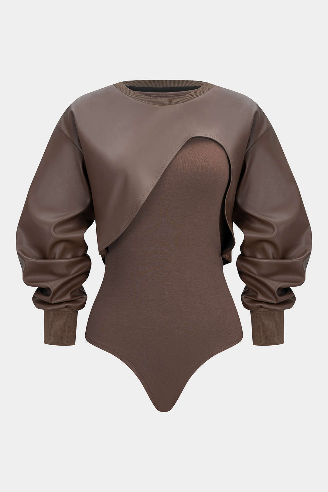 Faux Leather Patchwork Round Neck Asymmetrical Long Sleeve Bodysuit