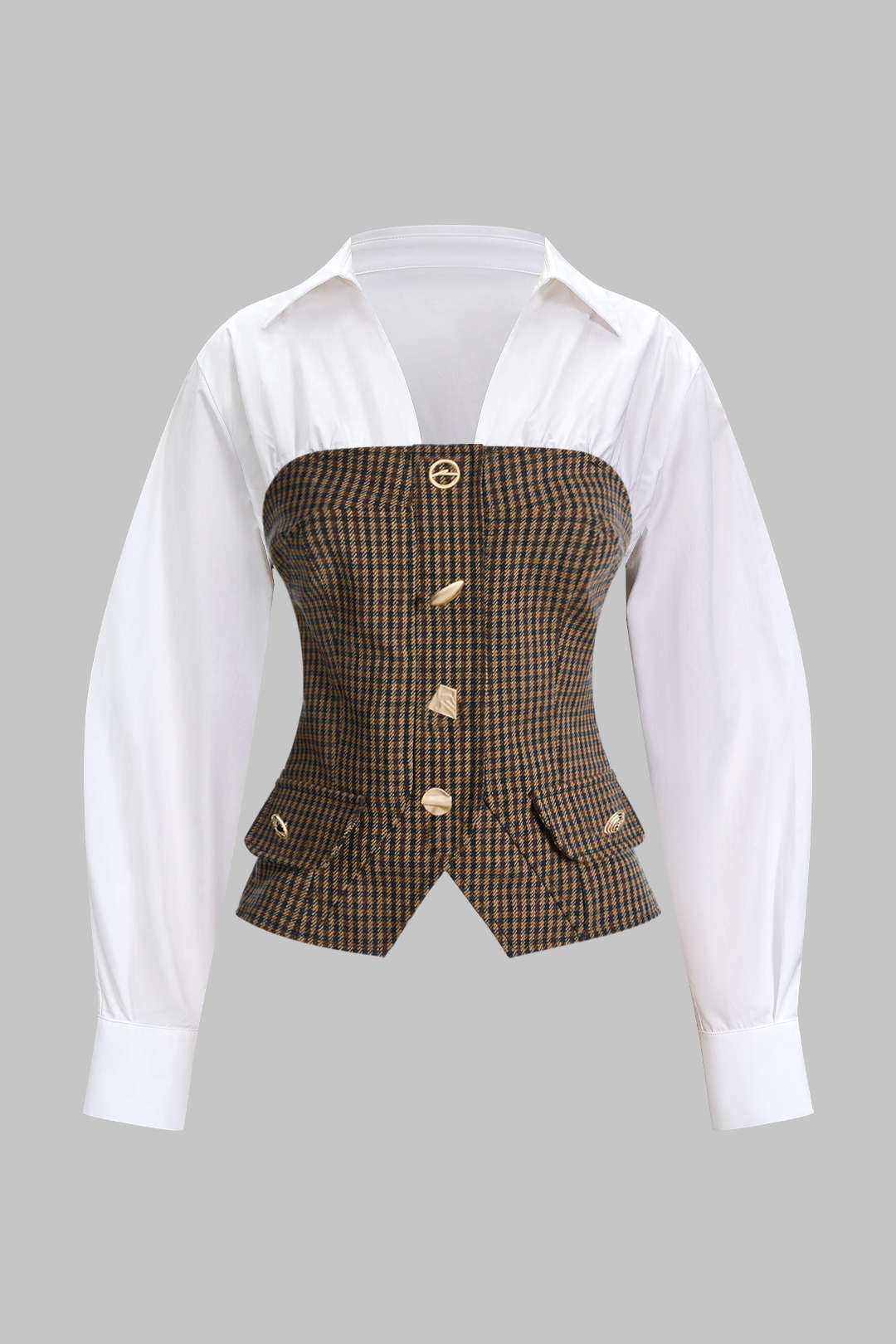 Plaid Print Irregular Button Zipper Long-Sleeved Top