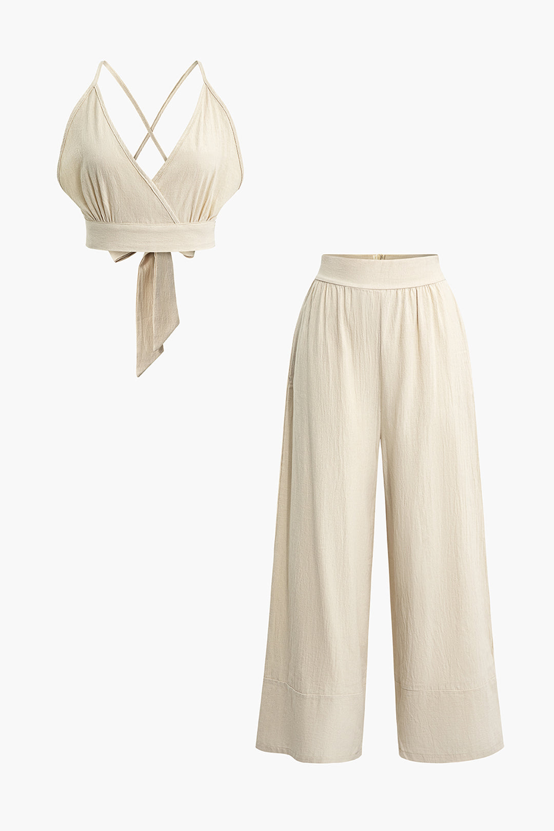V-neck Knot Backless Cami Top And Pleated Wide Leg Pants Set