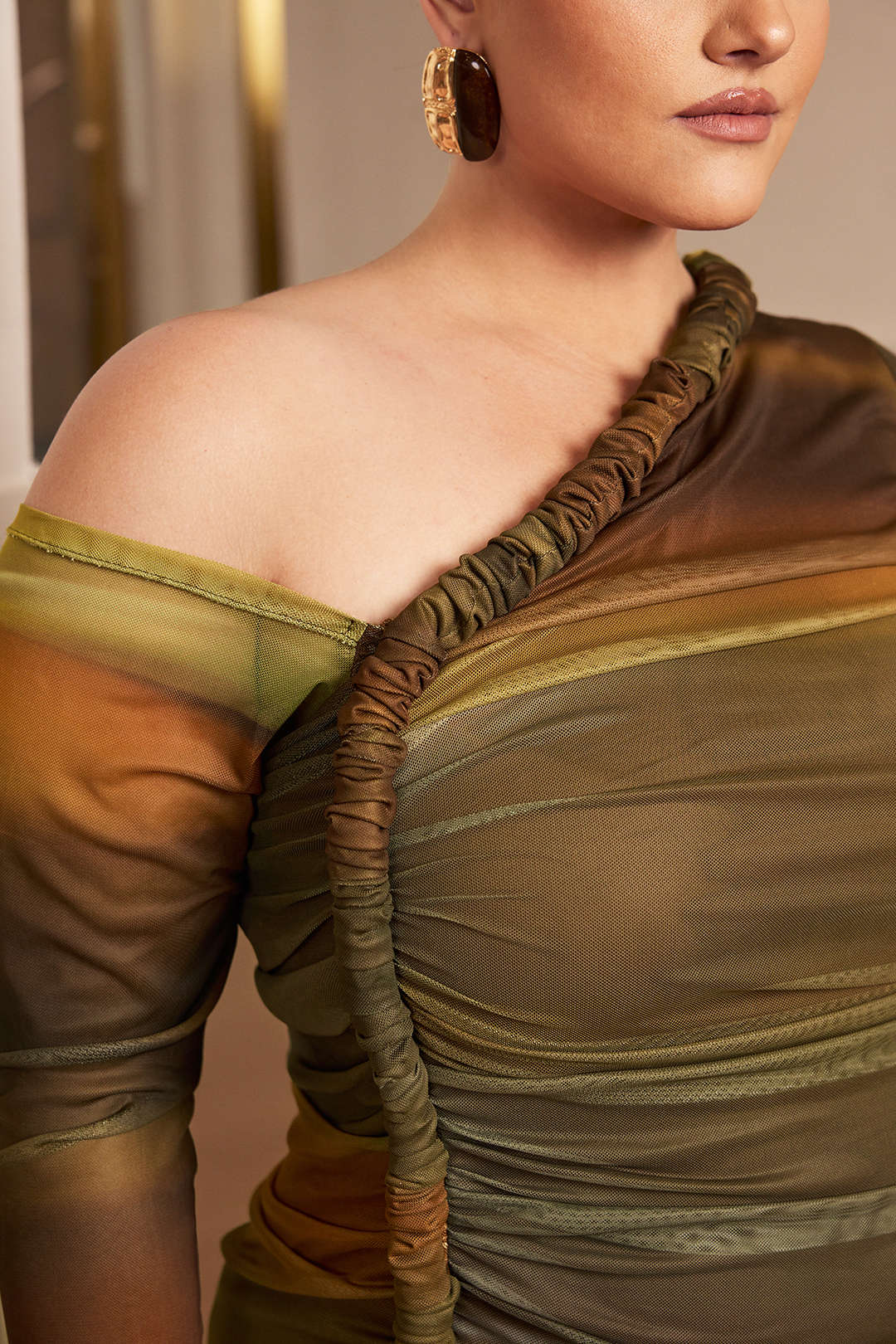 Plus Size Colorblock Print Mesh Ruched Asymmetrical Long Sleeve Midi Dress