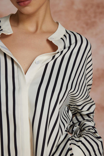 Stripe Print Satin Long-Sleeve Shirt