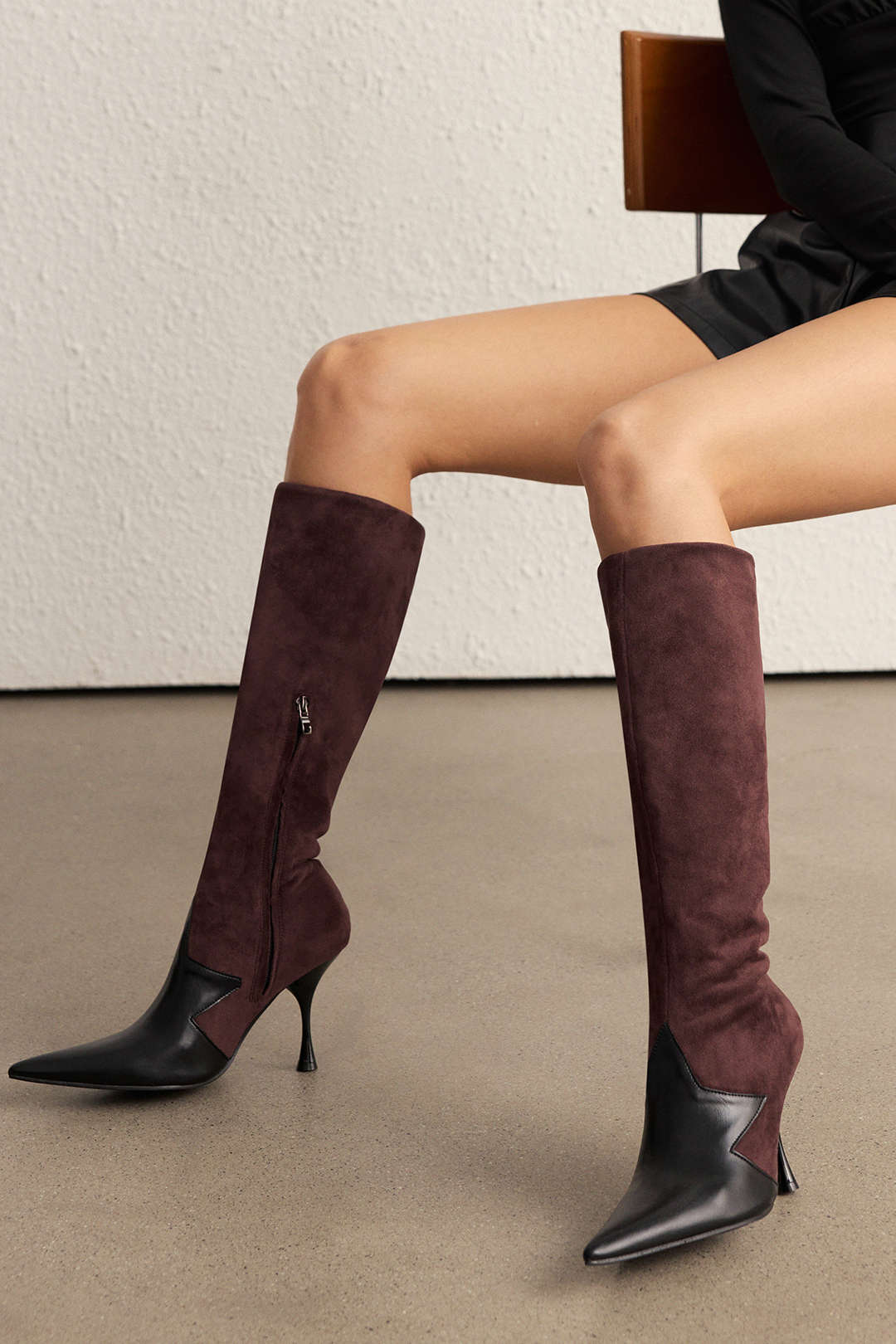 Leather Patchwork Side Zipper Pointed High Heel Over The Knee Boots