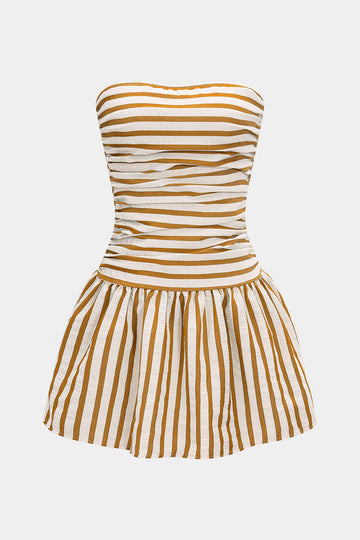 Stripes Print Smocked Strapless Backless Sleeveless Mini Dress