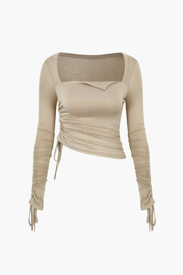 Square Neck Drawstring Ruched Long Sleeve Top – Micas