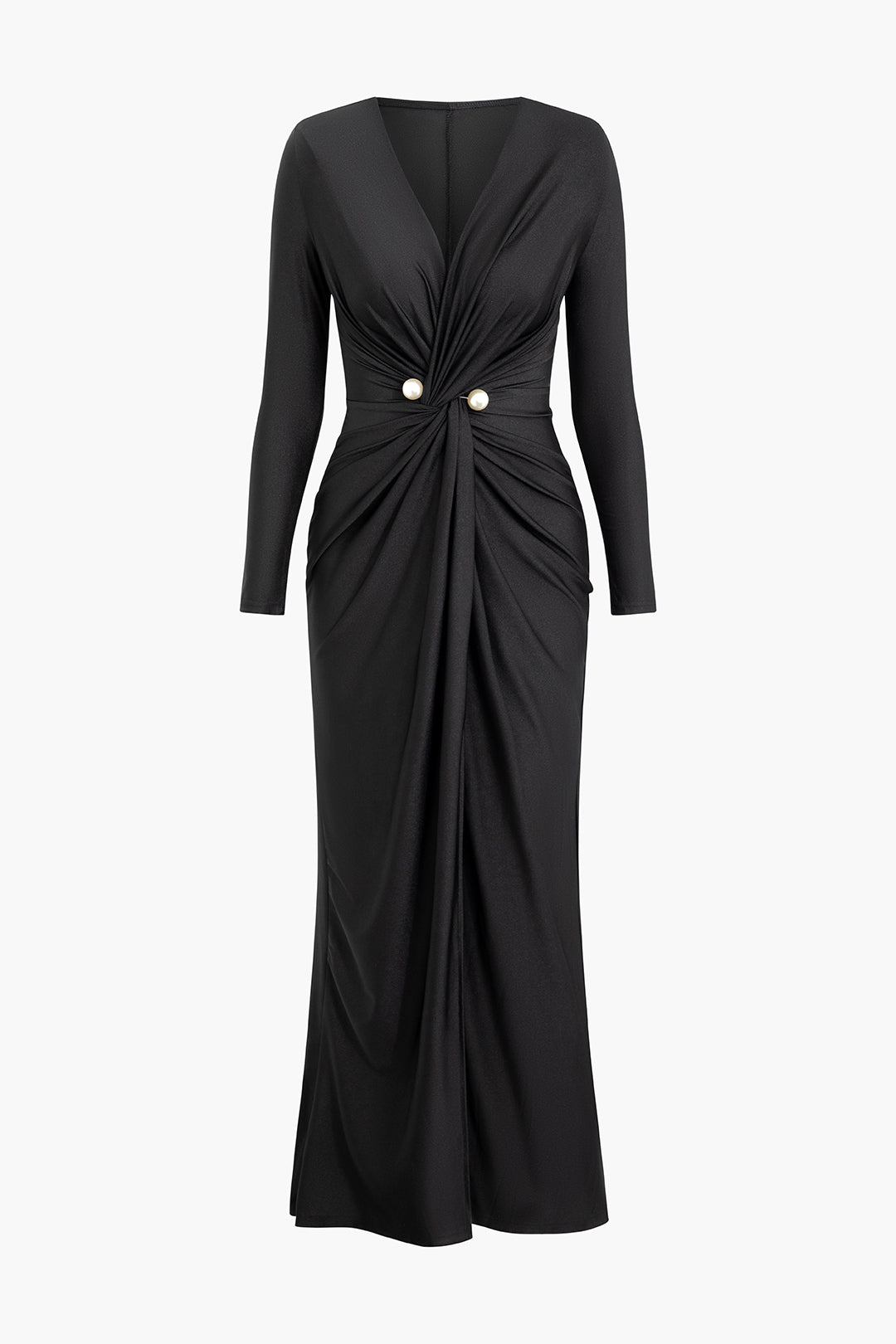 V-neck Pearl Cross Twist Front Ruched Long Sleeve Maxi Dress