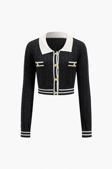 Knit Color Block Button Fake Pockets Long-Sleeve Top