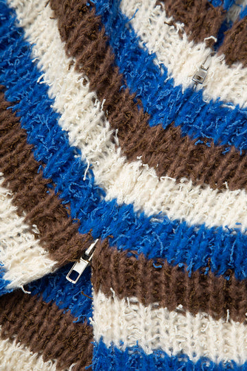 Contrast Frayed Collar Zipper Knit Coat