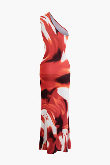 Abstract Print One Shoulder Maxi Dress