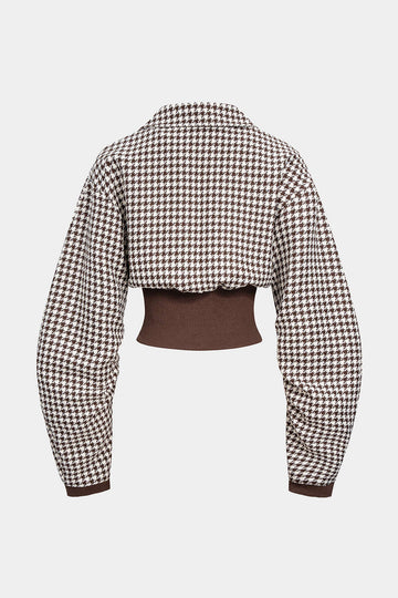 Houndstooth Print Patchwork Zipper Jacket